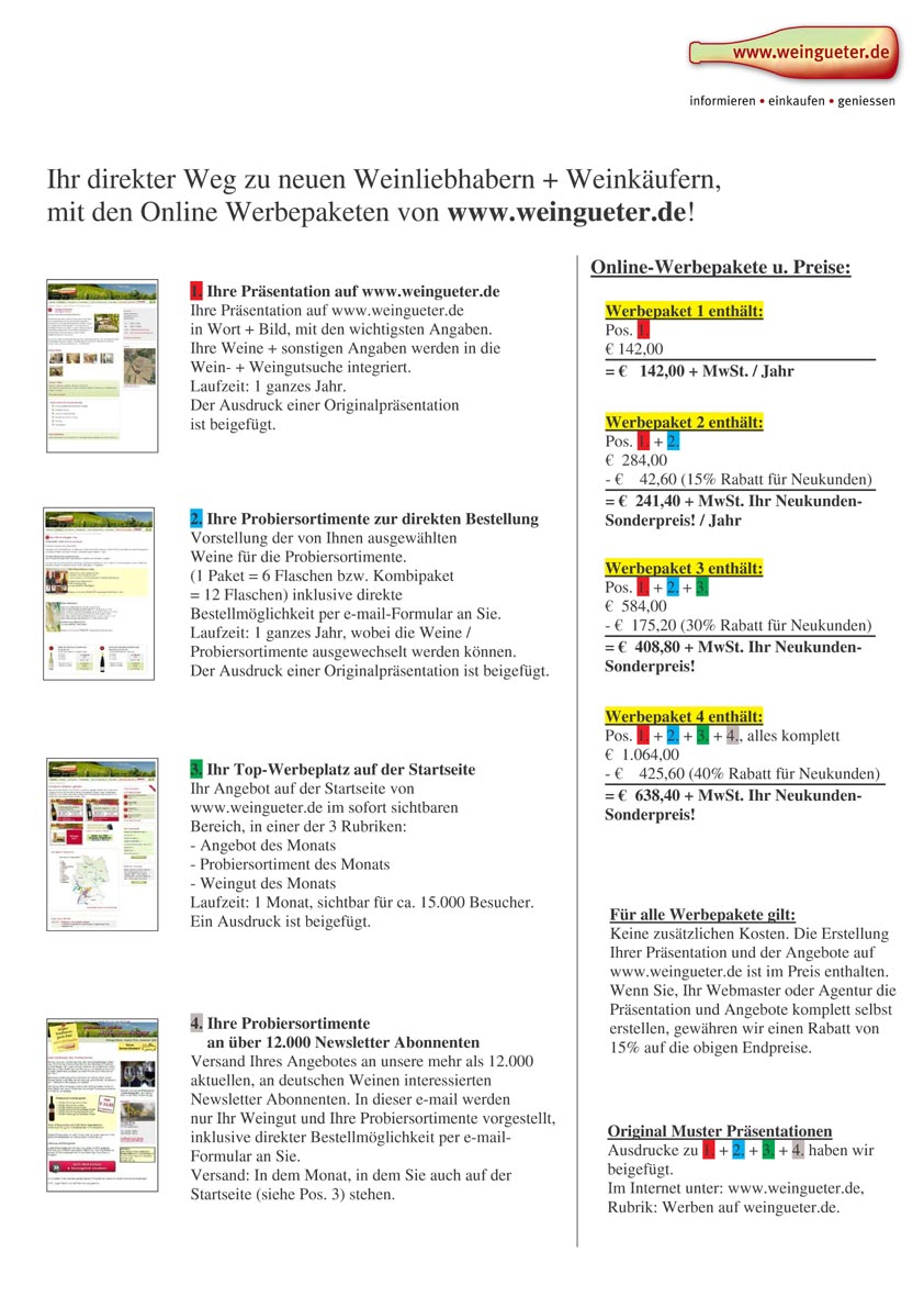 Kostenlose Unterlagen Top Eintrag mit Werbung bei weingueter.de